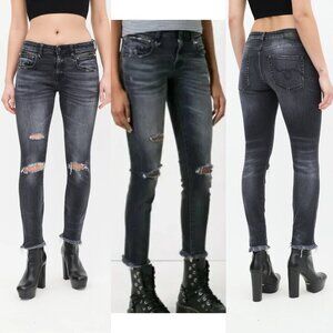 R13 Biker Boy Skinny Leg Jeans Washed Black Moto Grunge Stretch size 24